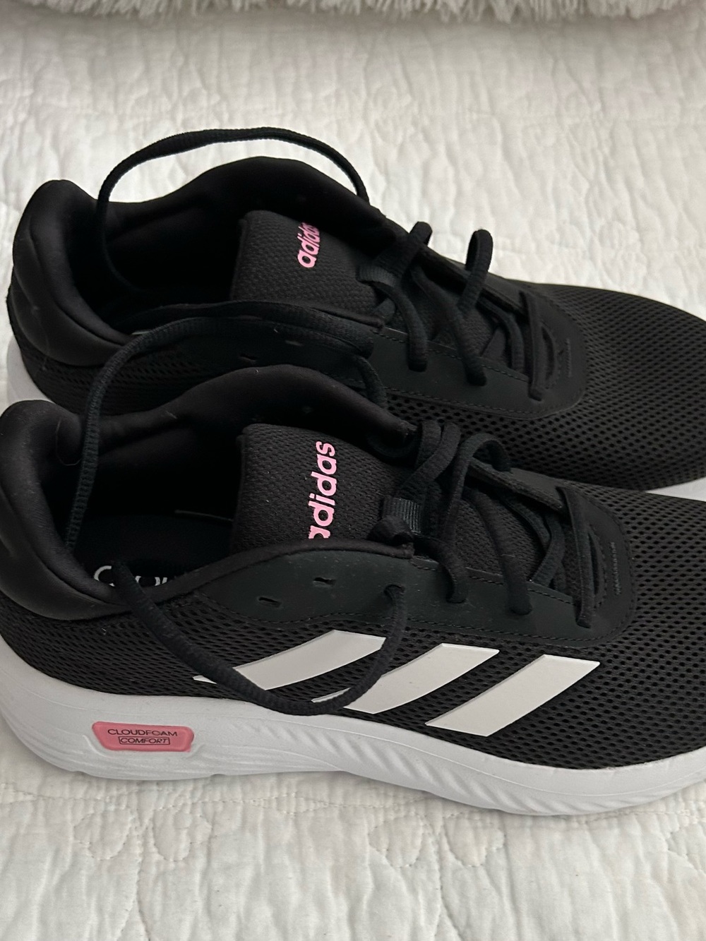 adidas Women’s Black Sneakers with Pink Logo and White Stripes - Picture 3 of 5